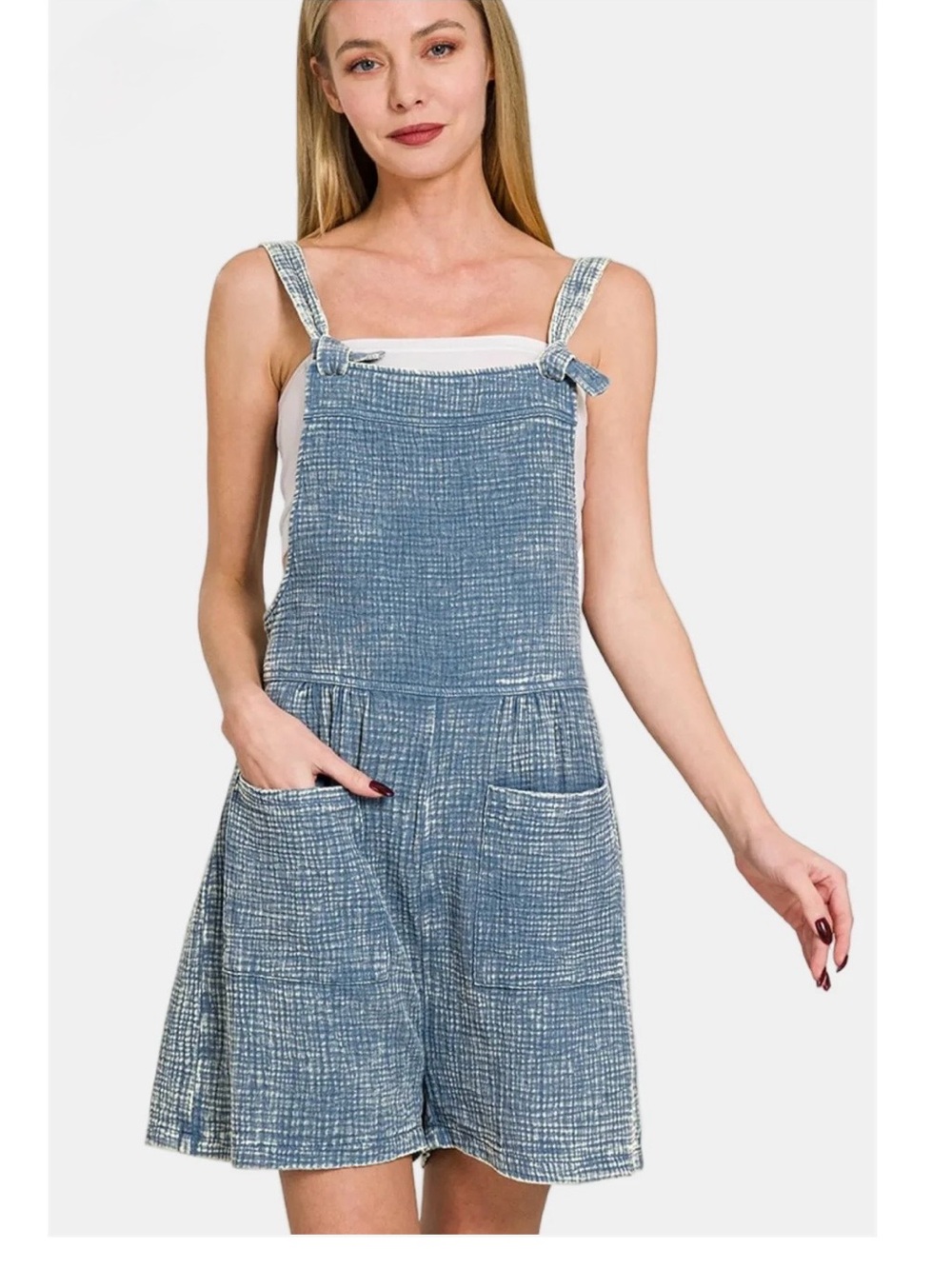 Blue Textured Denim-Style Women's Romper